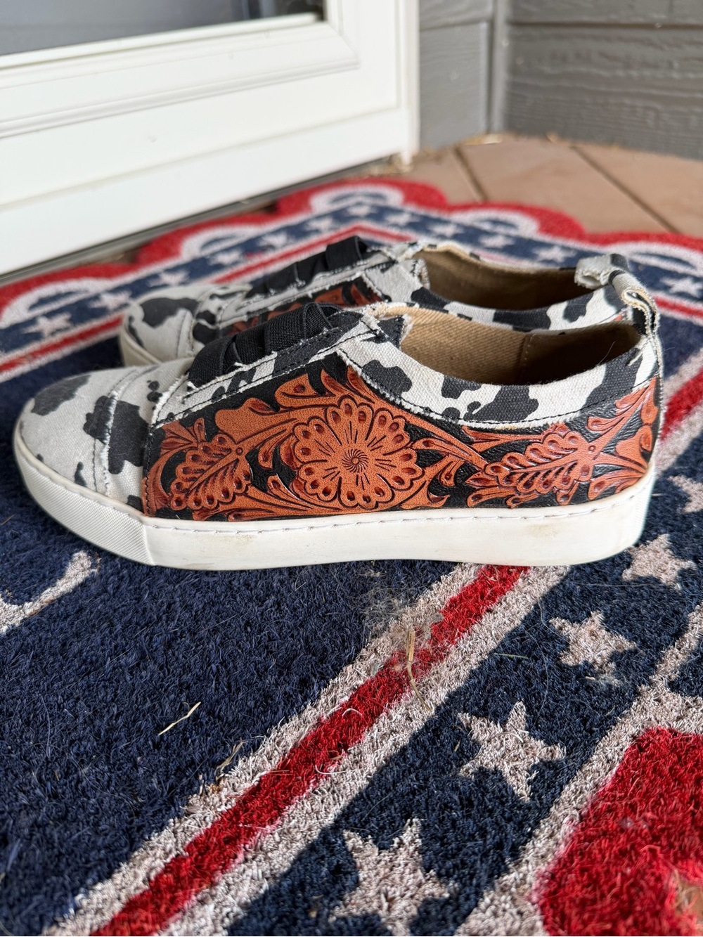 Maya Cow-Print Slip-On Sneakers with Leather Floral Accent
